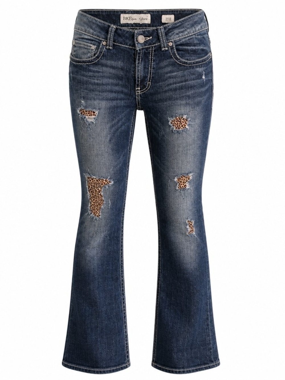 BKE Culture Distressed Bootcut Jeans featuring built-in cheetah/leopard print